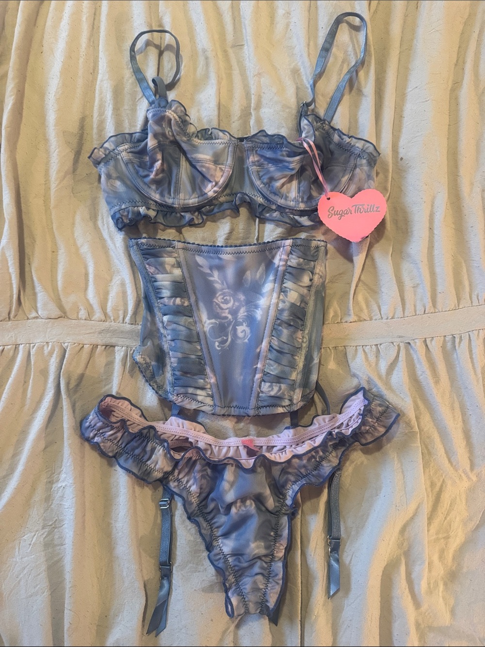Sugar Thrillz Blue Floral Lingerie Set with Corset, Bra & Garter Briefs
